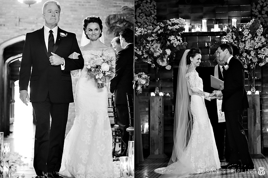 A black and white photo of Brice and Leah, the bride and groom, walking down the aisle at their Bowery Hotel Wedding. A black and white photo of Brice and Leah, the bride and groom, walking down the aisle at their Bowery Hotel Wedding.