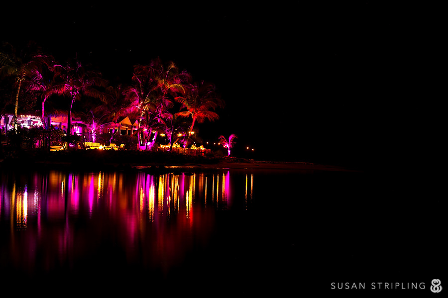 Doree and Tony's wedding at Little Palm Island is set on a picturesque beach with palm trees elegantly lit up at night.