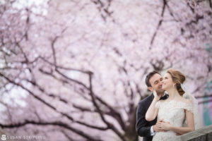 A destination wedding photographer captures a bride and groom sharing a tender kiss in front of a beautiful cherry blossom tree.