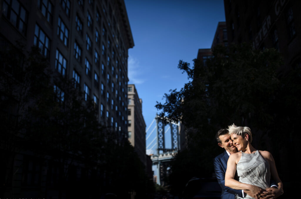 An elopement of a bride and groom in Brooklyn Bridge Park.