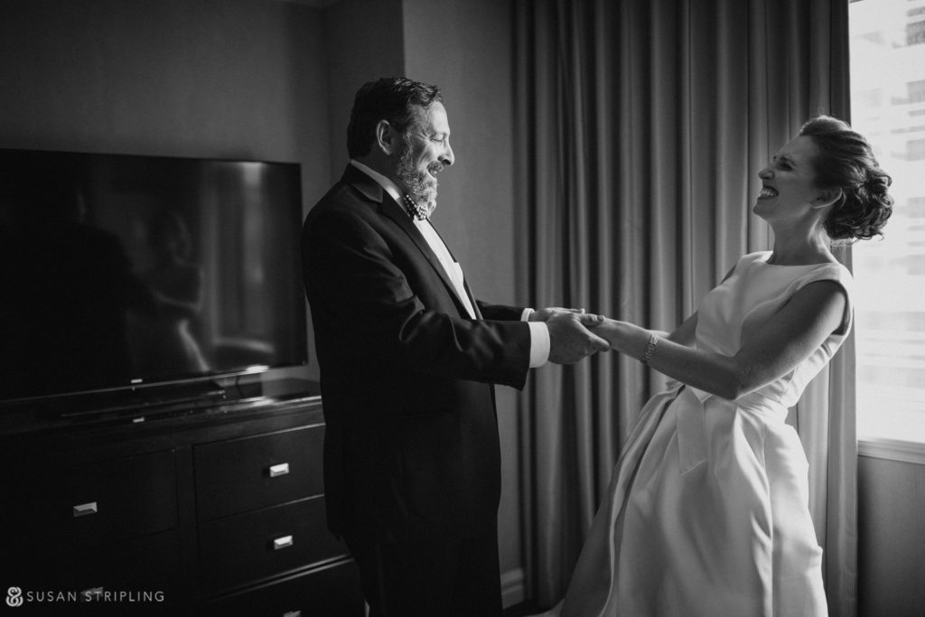bride's first look with her father on her wedding day at the Westin in philadelphia