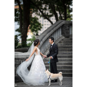 A Tribeca wedding overlooking the city, with the bride and groom joyfully posing on a rooftop alongside their beloved dog.