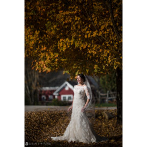 A fall bride in a wedding dress standing under a tree at Riverside Farm.