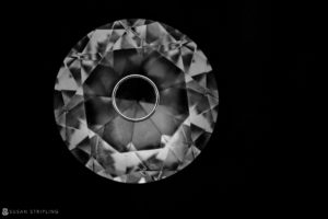 A black and white photograph of a wedding diamond at Battery Gardens.