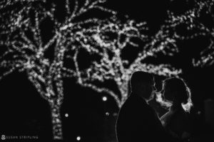 A Park Chateau wedding, with the bride and groom standing in front of a tree lit up at night.
