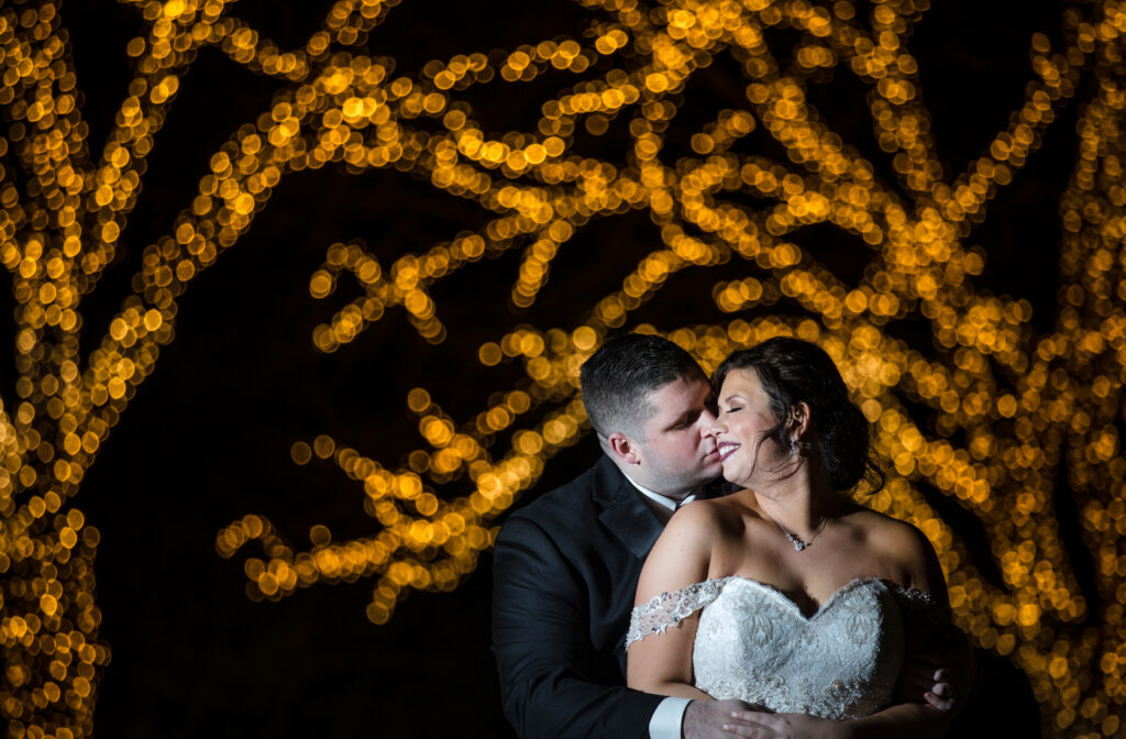 A bride and groom embrace in front of a tree at night during their wedding at Park Chateau.