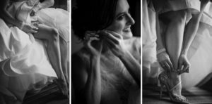 Four black and white photos capturing the elegance of a bride preparing for her wedding, as she delicately puts on her shoes at the Alfond Inn.