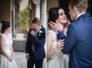A beautiful bride and groom sharing an affectionate embrace in front of a stunning archway at their Alfond Inn wedding.