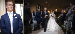 A wedding party, including the bride and groom, elegantly walking down the aisle at Alfond Inn.