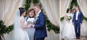 A bride and groom exchange vows during their wedding ceremony held at the Alfond Inn.