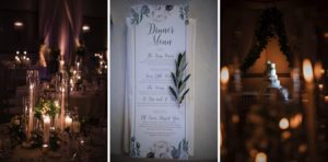 A luxurious wedding reception at the Alfond Inn, featuring an elegant menu and softly glowing candles.