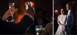 A wedding couple toasting champagne at their wedding reception at the Alfond Inn.