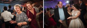 Two pictures of people dancing at a wedding reception held at the Alfond Inn.