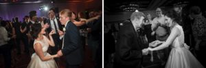 Two photos capturing the beautiful bride and groom dancing blissfully at their Alfond Inn wedding.