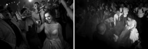 Two black and white photos of a bride and groom dancing at a wedding reception at the Alfond Inn.