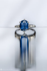 A stunning engagement ring with a blue sapphire stone, perfect for a Winter Wedding at Front and Palmer.