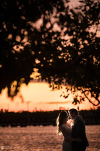 A bride and groom embrace in front of a tree at sunset during their vow renewal ceremony at Vizcaya.