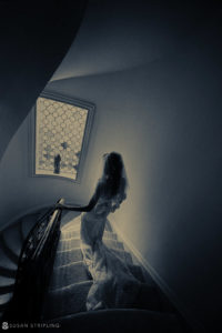 A WPPI Grand Master bride gracefully descends a staircase in her exquisite wedding dress.