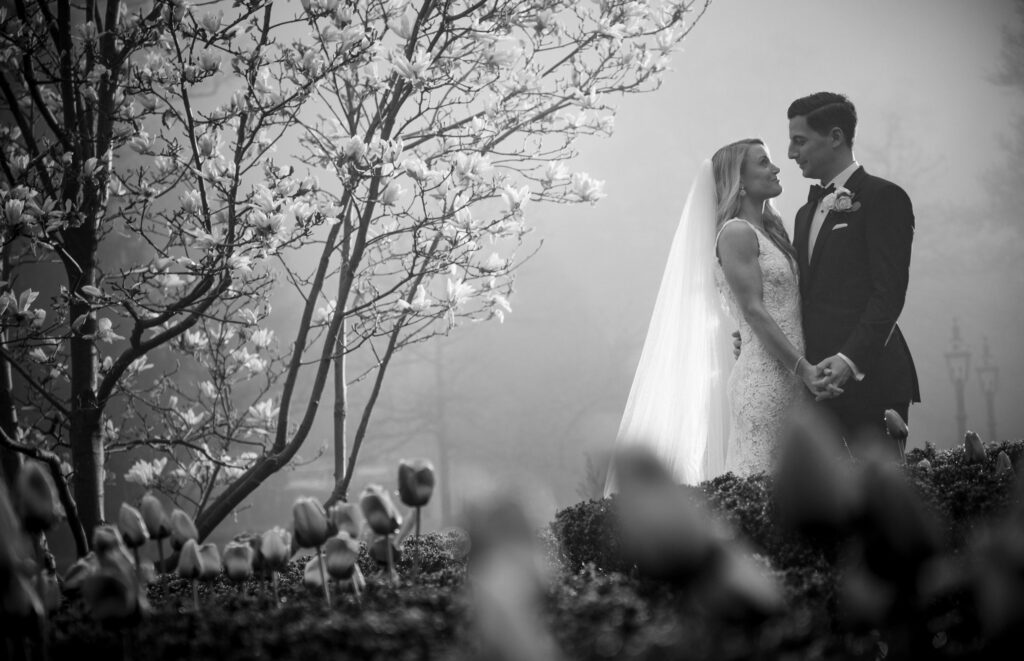 A wedding couple standing in a foggy field at Pleasantdale Chateau.