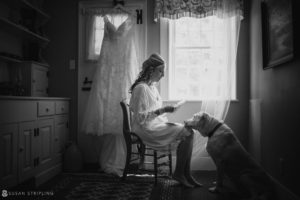 A bride sits in front of a window with her dog on a summer day.