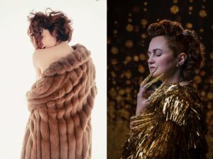 Welcome back to my collection, where you will find two stunning pictures capturing me in glamorous gold attire adorned with luxurious fur.