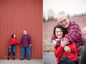 A man and woman hugging in front of a red barn at their Four Seasons Hotel Philadelphia at Comcast Center Wedding.