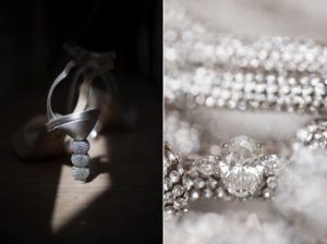 A pair of wedding shoes and a diamond ring, both carefully selected for the grand celebration taking place at The Estate at Florentine Gardens.