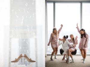 Bridesmaids in robes posing in front of a window at the Four Seasons Hotel Philadelphia at Comcast Center Wedding.