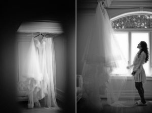 At the exquisite estate at Florentine Gardens, a beautiful bride stands elegantly before a window, her delicate veil gracefully hanging behind her.