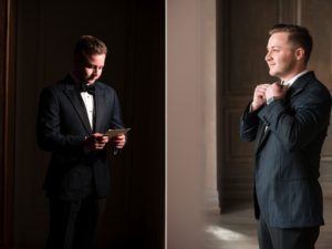 Two pictures of a groom in a tuxedo at The Estate at Florentine Gardens.