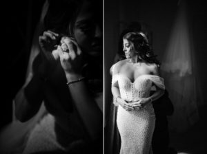 A bride is getting ready for her wedding at The Estate at Florentine Gardens in a dark room.