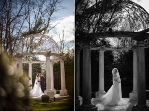 Two photos of a bride and groom at the estate at Florentine gardens, standing in front of a gazebo.