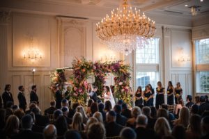 A wedding ceremony at The Estate at Florentine Gardens, a grand venue adorned with a magnificent chandelier.