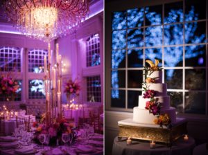 Two pictures of a wedding cake at the estate at Florentine Gardens, adorned with purple lights.