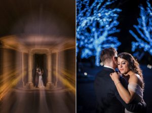 A bride and groom posing in front of a blue light at the Estate at Florentine Gardens.