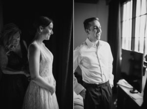 Black and white photos of a bride and groom getting ready before their summer wedding in a hotel room.