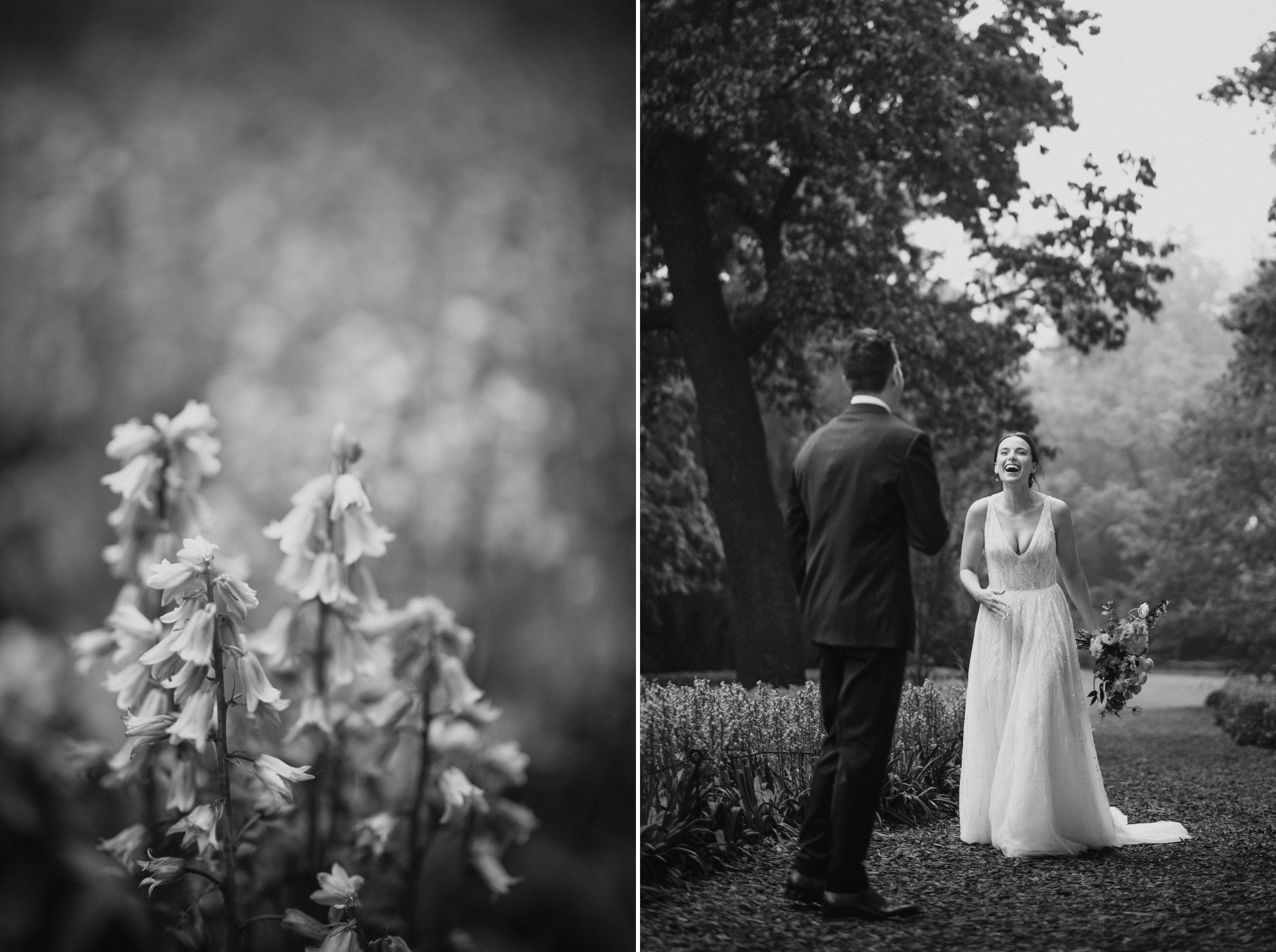First look of a bride and groom in black-and-white on a rainy summer day at the Brooklyn botanic Garden