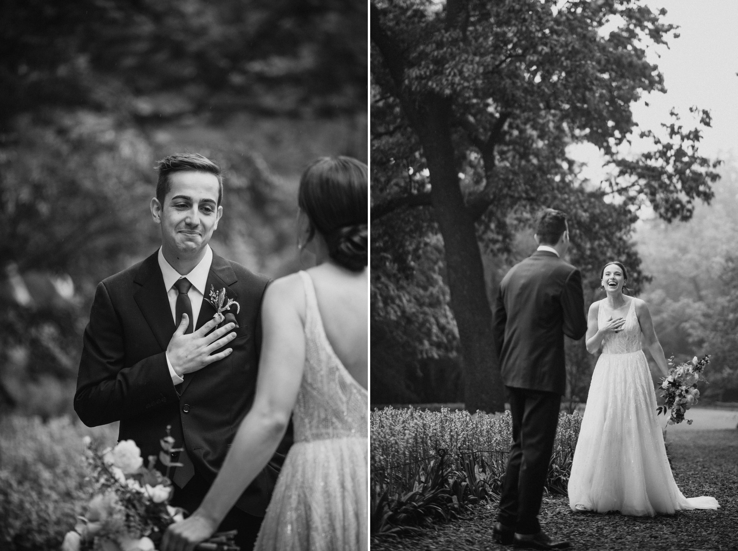 Emotional first look of a  wedding couple at the Brooklyn botanic Garden