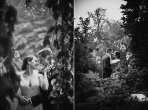 Two black and white photos of a rainy summer wedding in the woods.