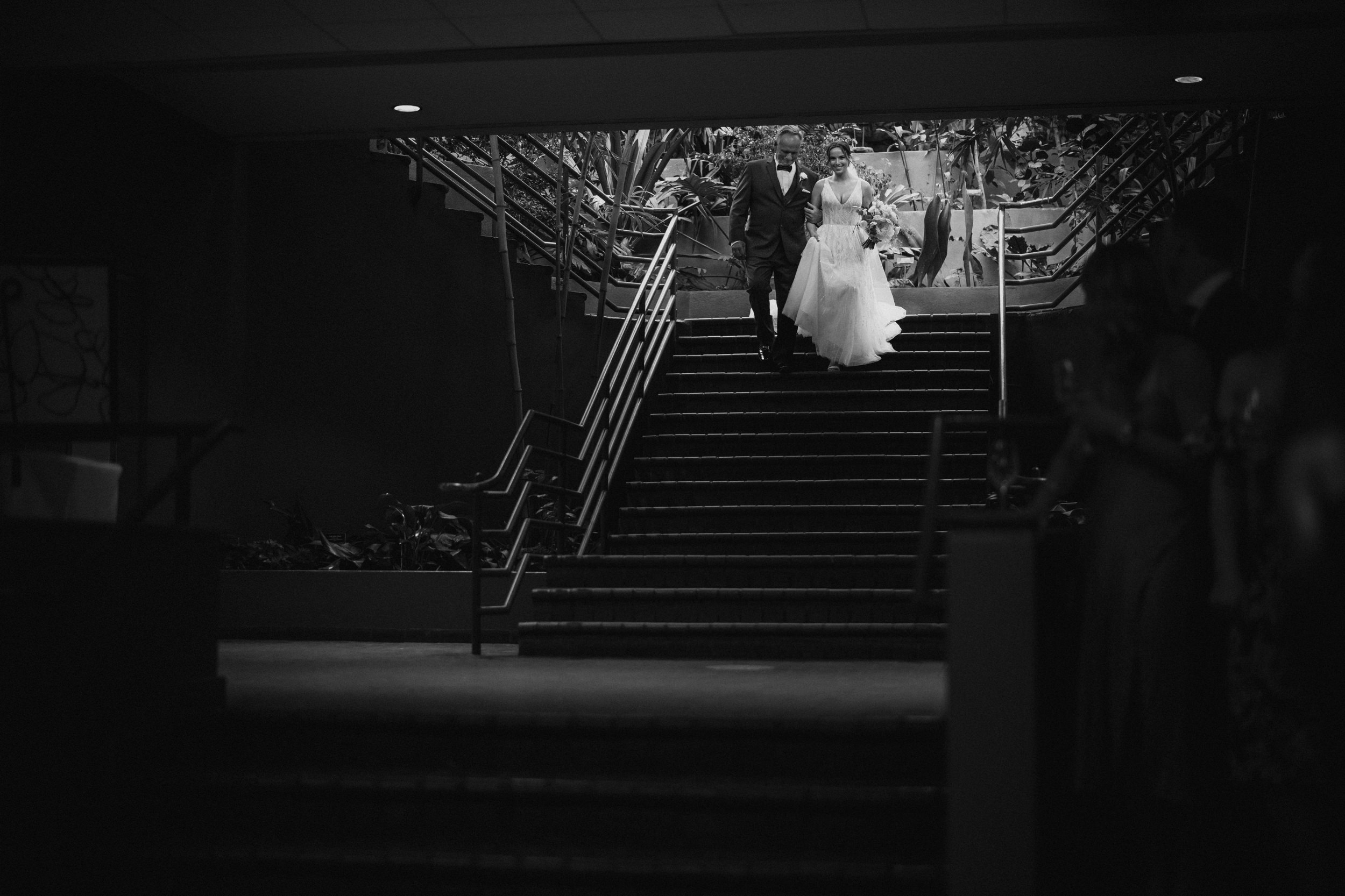 Bride walking down the steps to her wedding at the Brooklyn botanic Garden