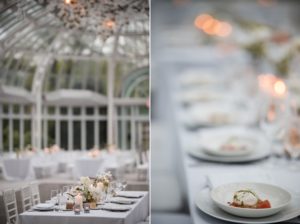 A rainy summer wedding reception set up in the Brooklyn Botanic Garden greenhouse.