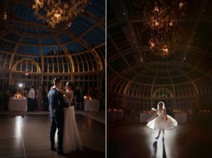 A summer wedding takes place at the Brooklyn Botanic Garden as the bride and groom gracefully dance amidst the enchanting greenery of a greenhouse, creating a magical atmosphere under the starry night sky