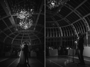 Two black and white photos of a bride and groom dancing in the conservatory during their summer wedding.