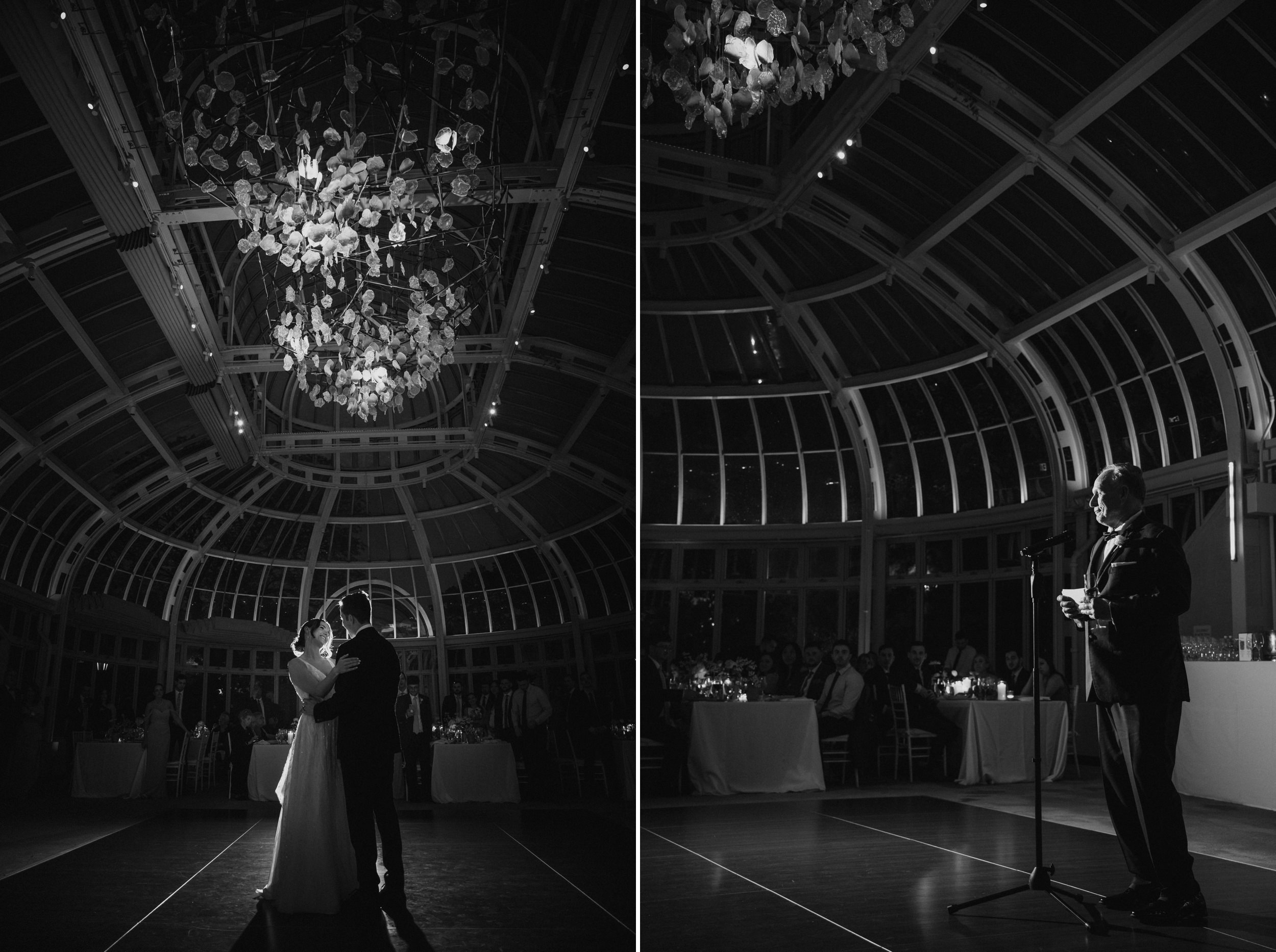 black and white photos of a reception at a brooklyn botanic gardens wedding