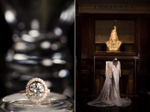 In the heart of NYC's Capitale, a stunning wedding dress and ring adorn a mirror, radiating elegance and romance.