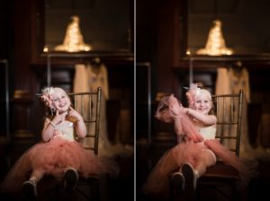 Two pictures of a little girl in a pink tutu sitting in a chair at a wedding reception at Capitale in NYC.