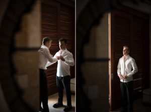 Two pictures of a man putting on a tuxedo for his wedding at the Ritz Carlton.