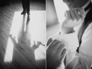 A summer wedding captured in a black and white photo as a man tenderly puts on his wedding ring at Liberty Warehouse.