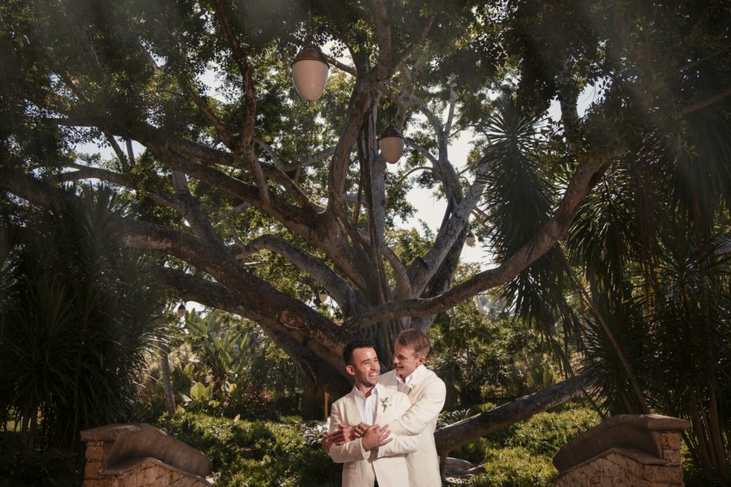 A Wedding couple posing in front of a tree at the Ritz Carlton Dorado Beach.