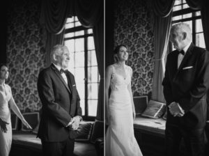 Black and white photos of a bride and groom at their summer wedding held at Bourne Mansion, gazing lovingly at each other.
